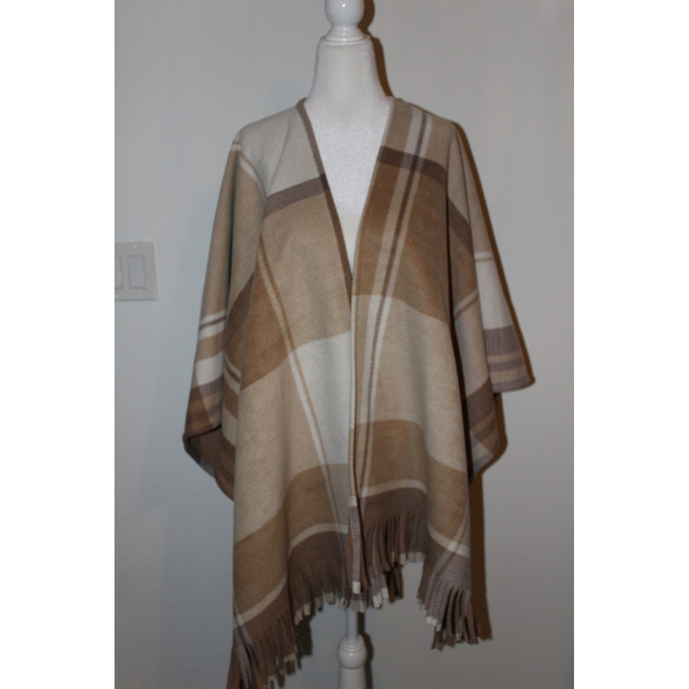 London Fog Plaid Poncho Wrap Tan‎ Cream Fleece Lined Fringe Shawl OS